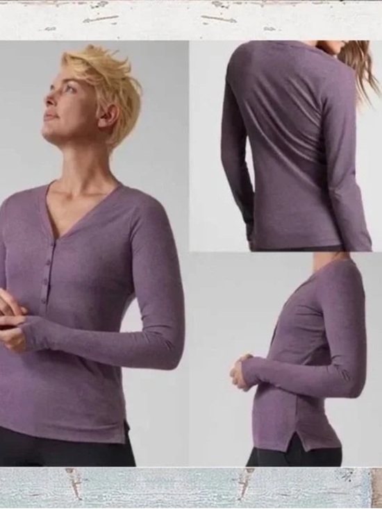 Athleta Tops - Athleta | Purple Long Sleeve Uptempo V-Neck Button Ribbed Henley Top
